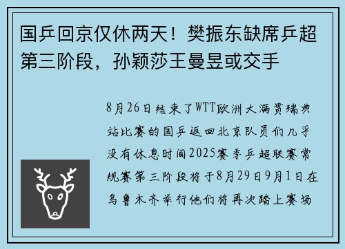 国乒回京仅休两天！樊振东缺席乒超第三阶段，孙颖莎王曼昱或交手